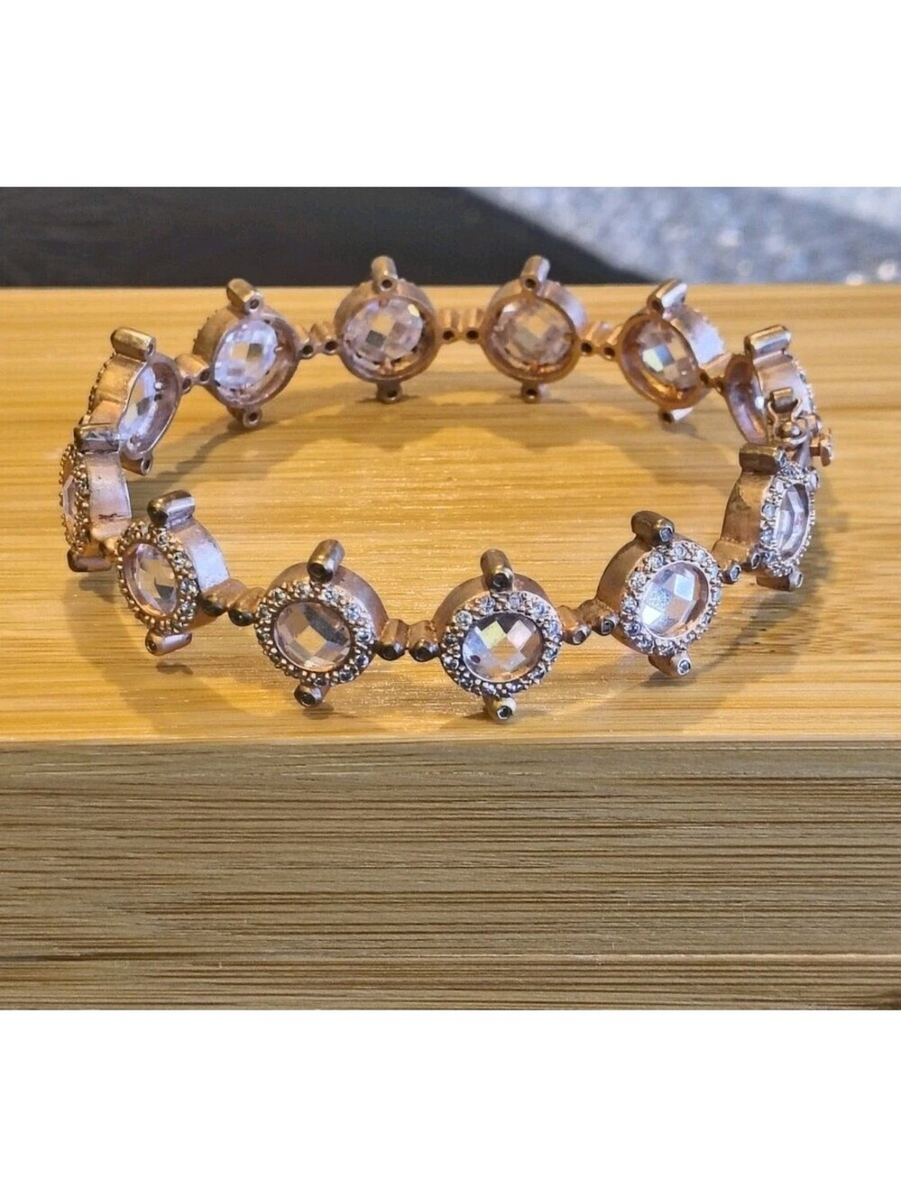 Freida Rothman Heavy Sterling Silver 925 FR Rose Gold Crystal Hinge Bangle RARE